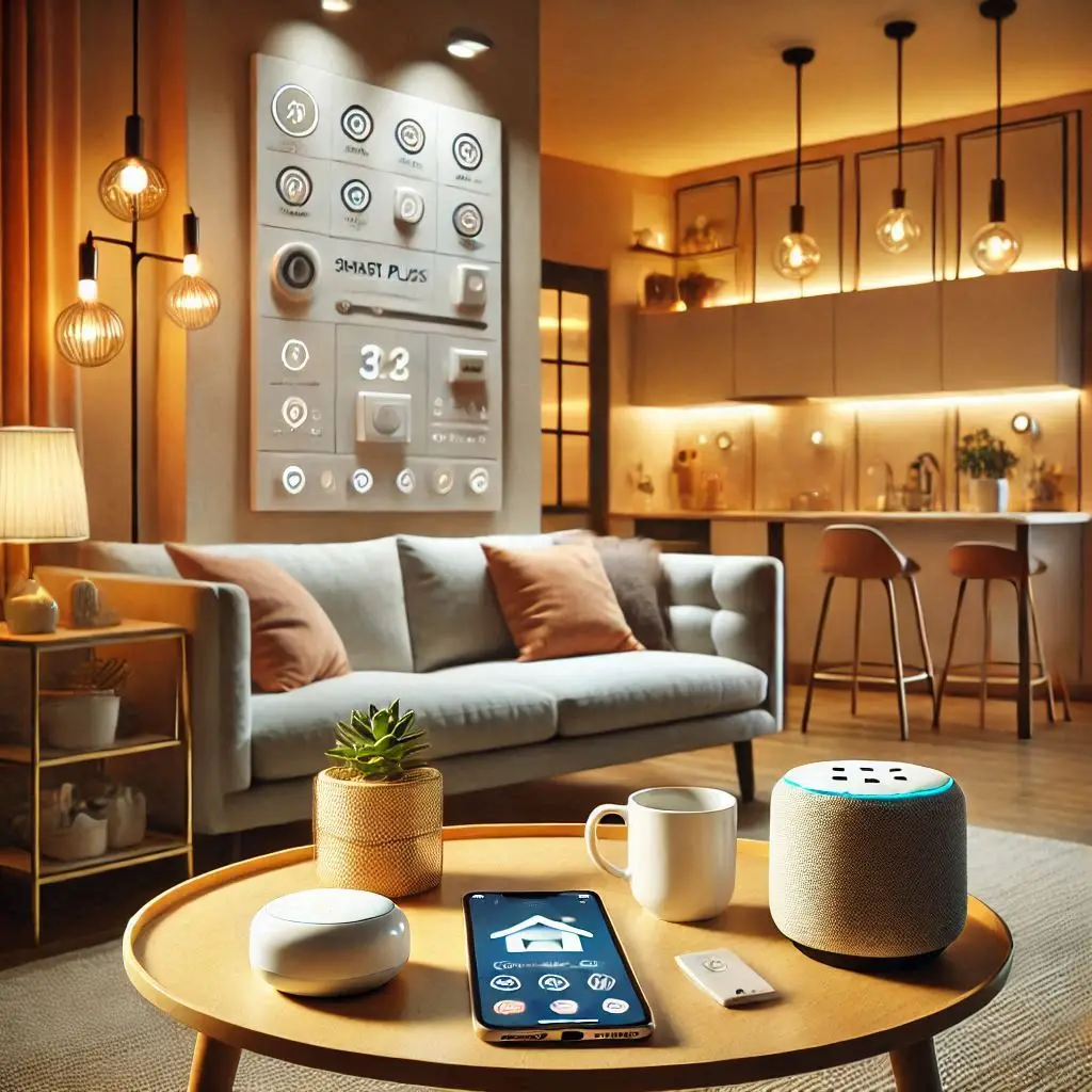 A modern, cozy living room with smart home gadgets like smart plugs, light bulbs, and a thermostat visible.