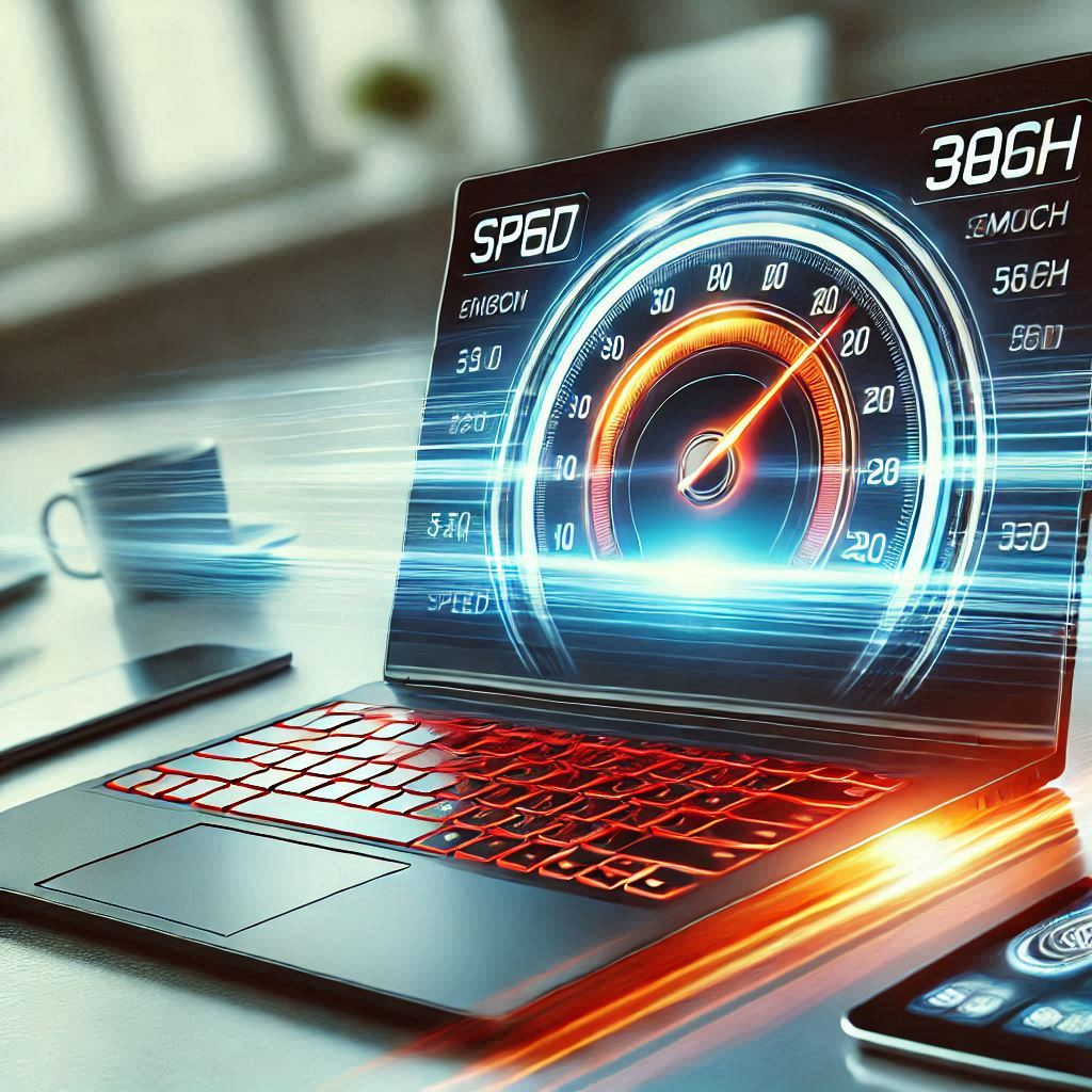 A sleek, modern laptop on a desk with a speedometer graphic showing increasing speed.