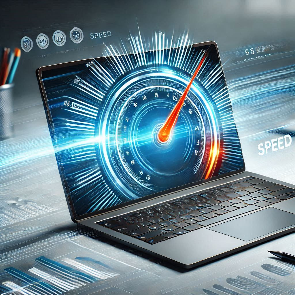 A sleek, modern laptop on a desk with a speedometer graphic showing increasing speed.