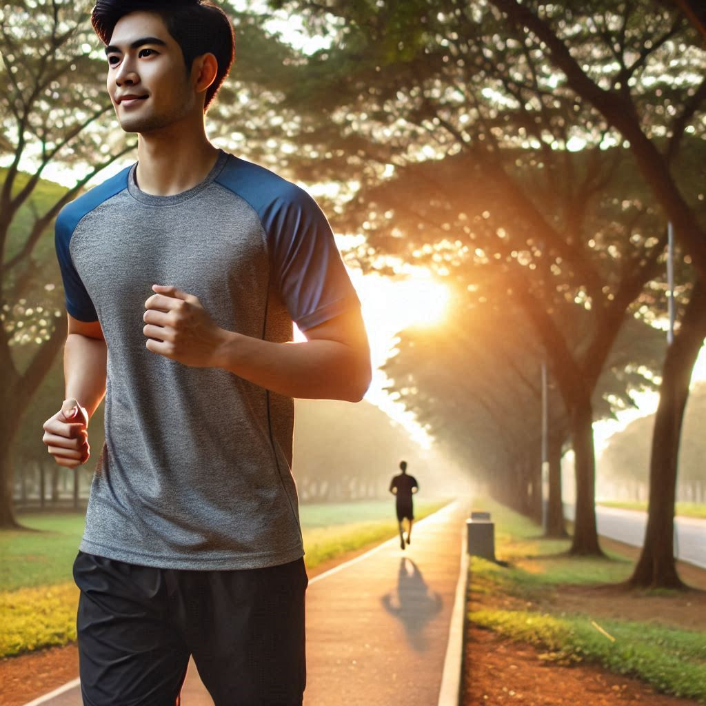 A beginner runner enjoying a morning jog in a peaceful park, wearing comfortable athletic gear. 