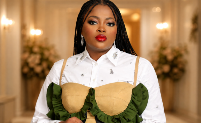 Funke Akindele speaking during a public appearance amid discussions about her movie marketing style